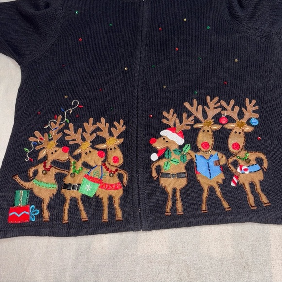 VTG TIARA INTERNATIONAL BlackCardigan  Reindeer Embroidery Full Zip Women’s SzXL - Picture 5 of 14